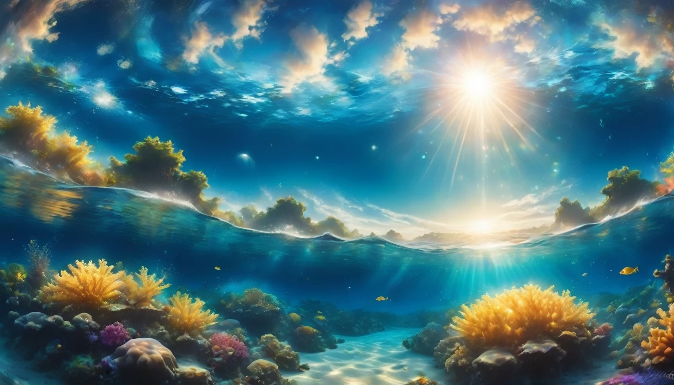 (Underwater: 1.9), ocean, fast water flow, transparent, colorful coral reef, school of tropical fish, light, bubble, seaweed, (shallow sea: 1.4), sunlight, fantasy, ocean floor, floating, best quality, masterpiece, clouds, colorful, blue sky,
Create a digital illustration of landscape, scenery, underwater, with clear and delicate lines. Low-fi, the morning sun's light reaching into the water, the scene is cozy and warm with beautiful light. The lighting should be soft and golden like colorful flowers, and the art style should be detailed like fantasy art with accurate depiction of delicate and fine lines. The overall look should be clear and dreamy atmosphere. Focus on a magical and enchanting environment. No land part is required, only underwater. People are not allowed, no people in the photo.