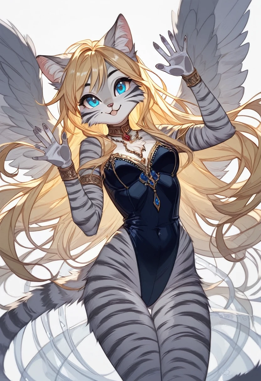 score_9, score_8_up, score_7_up Anthro furry cat girl, 
translucent, transparent, Kat, silver furry body, grey striped body, blonde hair, blue eyes, long blonde hair, majestic pose, standing on a glass base, angelic background