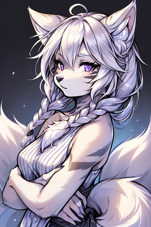 ( Absurdly , High quality , ultra detailed ) ,( hand detailed ) , 1girl, solo, mature, absurdres(highly detailed beautiful face and eyes)perfect anatomy Solo, Young Female white fox-cat (((lean-body))) (((medium breasts))) (short snout),(((fur (black stripe) between neck and shoulder towards chest))) ((fur (black stripes) on waist))(ears are darker), ((violet eyes)), (cat tail (black at end)), (white hair (single-braided)), ((female fox cat)), (detailed eyes), (clevedge, (collarbone, shoulders), (solo, (1girl)) ((((fluffy white fur)))), white hands, ((extremely detailed fur)) ((hair in face)) (big braid), (thin long tail) (extremely detailed eyes), white hands, happy, barefoot,