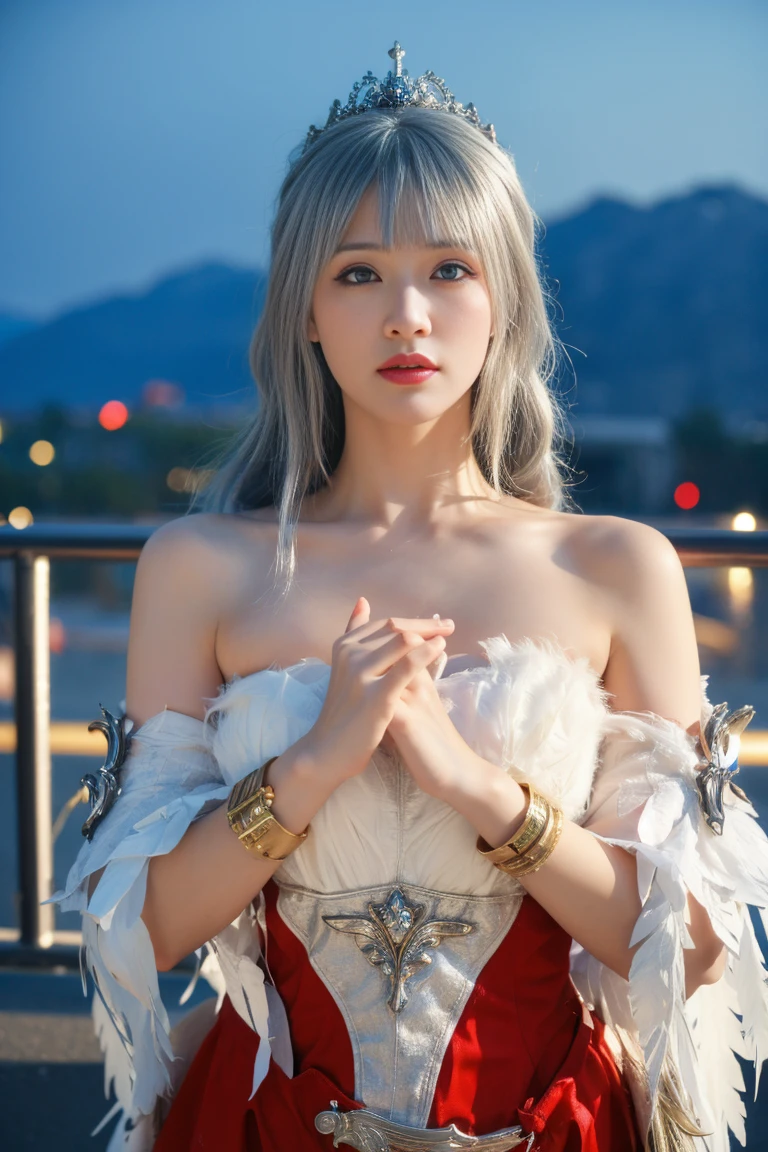  ulzzang-6500-v1.1,(原始照片:1.2),((逼真的:1.4))最好的品質 ,傑作, 插圖, 極其精緻美麗, 非常詳細 ,CG ,統一 ,8k壁紙,  精細的細節, 最好的品質,非常詳細 CG 統一 8k壁紙,荒謬的, incredibly 荒謬的, 文件大小巨大, 超詳細, 高解析度, 非常詳細,美麗細緻的女孩, 非常詳細 eyes and face, 美麗細緻的眼睛,臉上有光,電影燈光, ,1個女孩, 成熟女性, 夜晚, 城市景觀, 看著觀眾, 裙子, 髮髻,低馬尾辮, 長髮,髮帶, 牛仔射擊, 髮飾,瀏海, (銀髮:1.3), (看著觀察者:1.7),珠寶, 耳環,王冠,