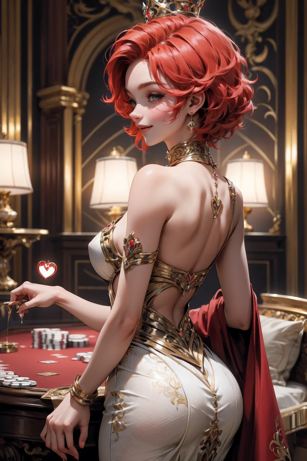 { - erreur d&#39;anatomie}(Chef-d&#39;œuvre - Ultra détaillé, Très haute résolution) Dans un casino luxueux, Une femme magnifique porte une robe exquise ornée de symboles de cœur, incarnant la présence royale de la Reine de Cœur. Entouré d’une toile de fond de cartes de poker et de jetons, Elle respire la confiance et la séduction, inviter les joueurs à tester leur chance et leurs compétences en jeu. cheveux courts et bouclés, cheveux roux (cheveux roux ) (Reine de Cœur), en arrière, regarder en arrière, souriant, large sourire, Haut du corps