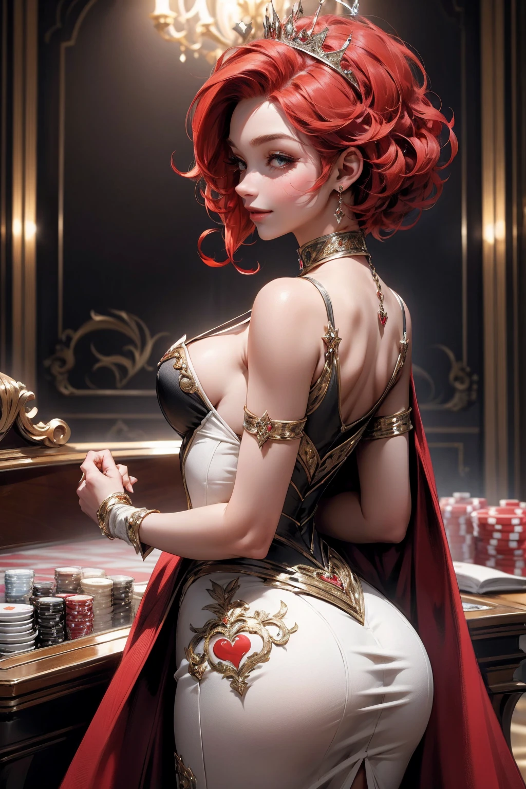 { - error de anatomía}(Obra maestra: ultradetallada, muy alta resolución) En un casino de lujo, Una mujer deslumbrante luce un vestido exquisito adornado con símbolos de corazones., encarnando la presencia real de la Reina de Corazones. Rodeado por un telón de fondo de cartas y fichas de póquer., Ella irradia confianza y seducción., invitar a los jugadores a probar su suerte y sus habilidades de juego. Pelo corto y rizado, pelo rojo (cabello rojo ) (reina de corazones), hacia atrás, Mirando hacia atrás, sonriente, amplia sonrisa, Parte superior del cuerpo