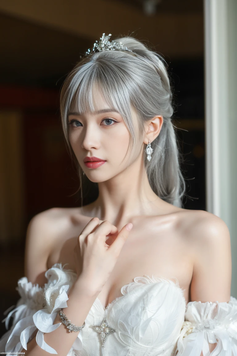  ulzzang-6500-v1.1,(raw photo:1.2),((photorealistic:1.4))best quality ,masterpiece, illustration, an extremely delicate and beautiful, extremely detailed ,CG ,unity ,8k wallpaper,  finely detail, best quality,extremely detailed CG unity 8k wallpaper,absurdres, incredibly absurdres, huge filesize, ultra-detailed, highres, extremely detailed,beautiful detailed girl, extremely detailed eyes and face, beautiful detailed eyes,light on face,cinematic lighting, ,1girl, mature female, indoor, looking at viewer, dress, hair bun,low ponytail, long hair,hair ribbon, cowboy shot, hair ornament,Bangs, (silver hair:1.3), (looking at viwer:1.7),Jewelry, earrings,Crown,