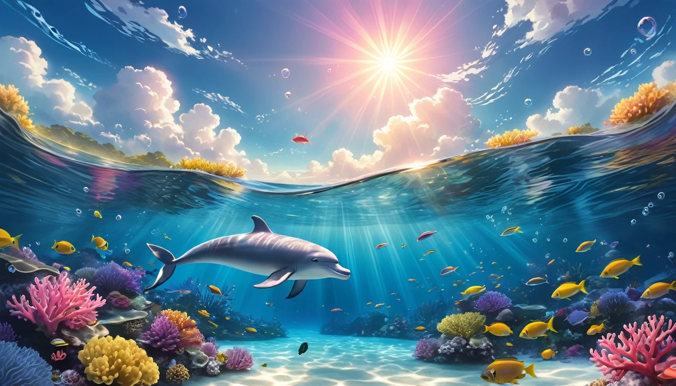 (Underwater:1.2), ocean, fast water flow, transparent, colorful coral reef, school of tropical fish, light, bubble, jumping pink dolphin, seaweed, (shallow sea:1.2), sunlight, fantasy, ocean floor, floating, best quality, masterpiece, clouds, colorful, blue sky,
Create a digital illustration of landscape, scenery, underwater, with clear and delicate lines. Low-fi, the morning sun's light reaching into the water, the scene is cozy and warm with beautiful light. The lighting should be soft and golden like colorful flowers, and the art style should be detailed like fantasy art with accurate depiction of delicate and fine lines. The overall look should be clear and dreamy atmosphere. Focus on a magical and enchanting environment. No land part is required, only underwater. People are not allowed, no people in the photo.