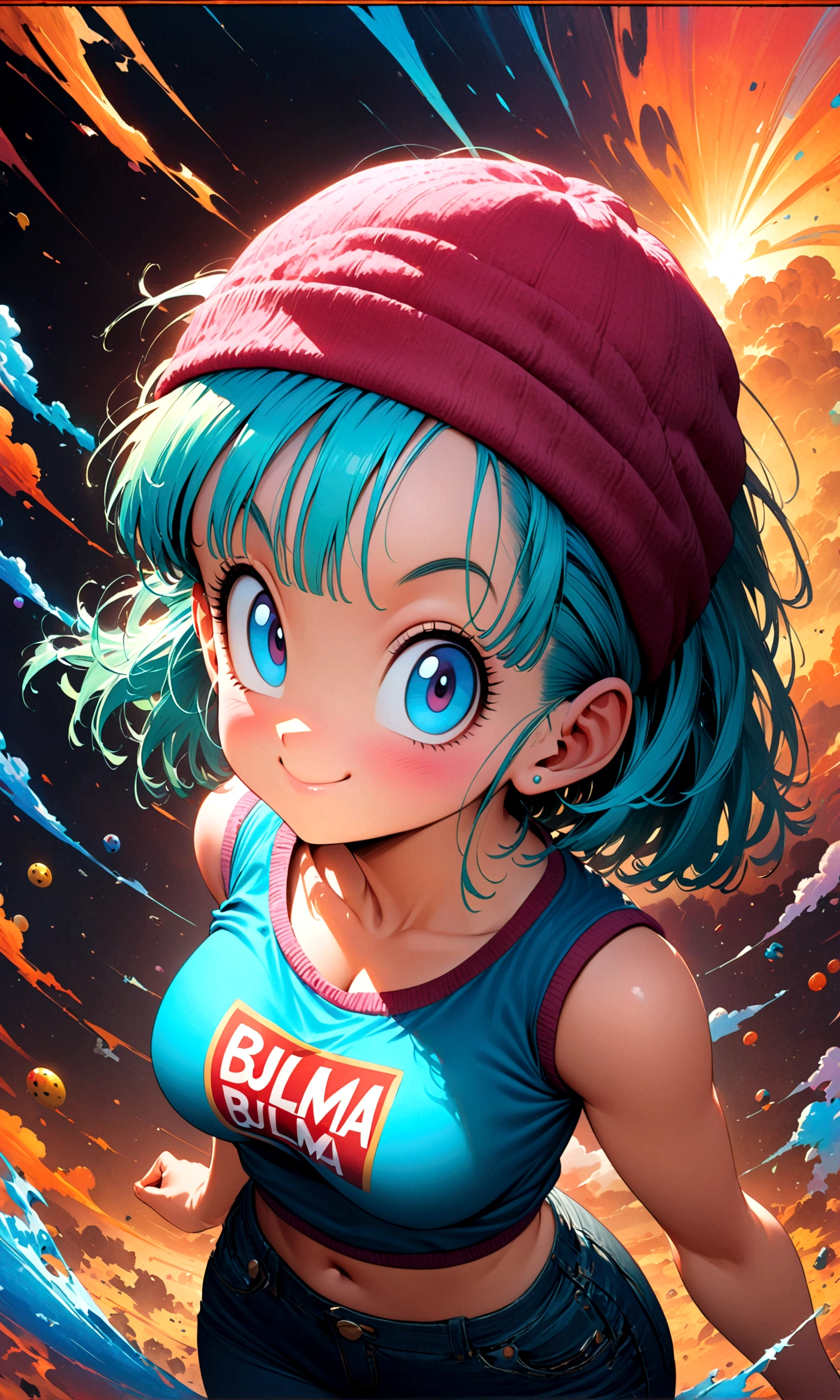 (1girl,bulma,dragon ball),akira toriyama style,,cute,,Intricate details,POP Illustration,Wide range of colors,artwork,rendering,Smiling in a relaxed pose,(masterpiece:1.3),(highest quality:1.4),(ultra detailed:1.5),High resolution,extremely detailed,unity 8k wallpaper,