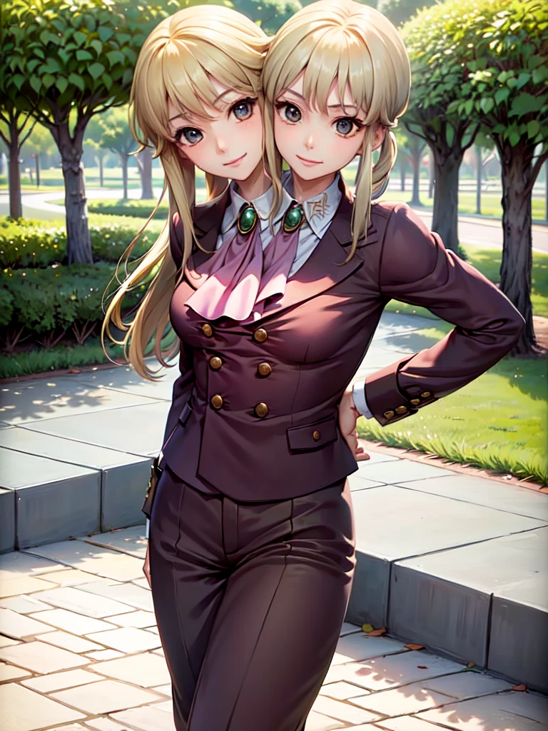  (2heads:1.6), (masterpiece, best quality:1.2), cowboy shot, solo, male focus, 1boy, (ushiromiya lion:1.1), androgynous, smile, closed mouth, looking at viewer, arms at side, ponytail, formal, suit, ascot, light blonde hair, walking through park