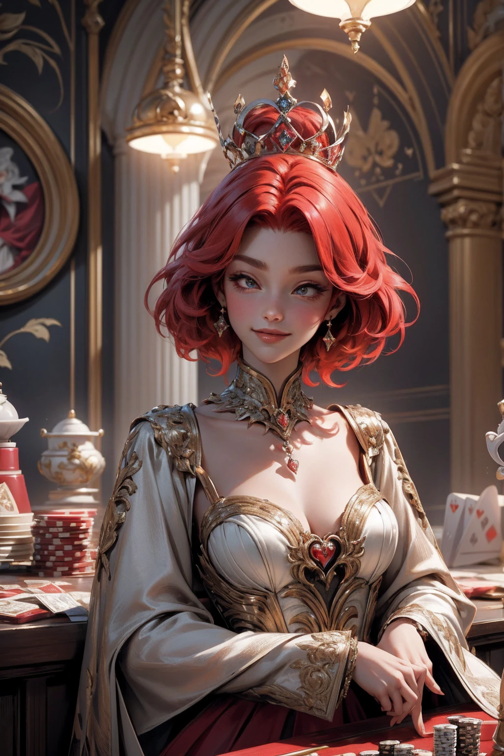 { - erreur d&#39;anatomie}(Chef-d&#39;œuvre - Ultra détaillé, Très haute résolution) Dans un casino luxueux, Une femme magnifique porte une robe exquise ornée de symboles de cœur, incarnant la présence royale de la Reine de Cœur. Entouré d’une toile de fond de cartes de poker et de jetons, Elle respire la confiance et la séduction, inviter les joueurs à tester leur chance et leurs compétences en jeu. cheveux courts et bouclés, cheveux roux (cheveux roux ) (Reine de Cœur), souriant, large sourire, Haut du corps