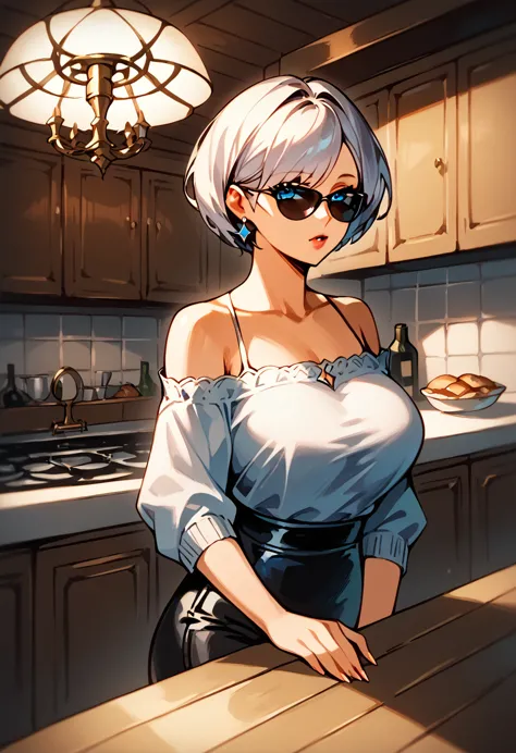 hot beautiful milf mom in kitchen,short hair, chandelier earrings,off shoulder white shirt,black pant