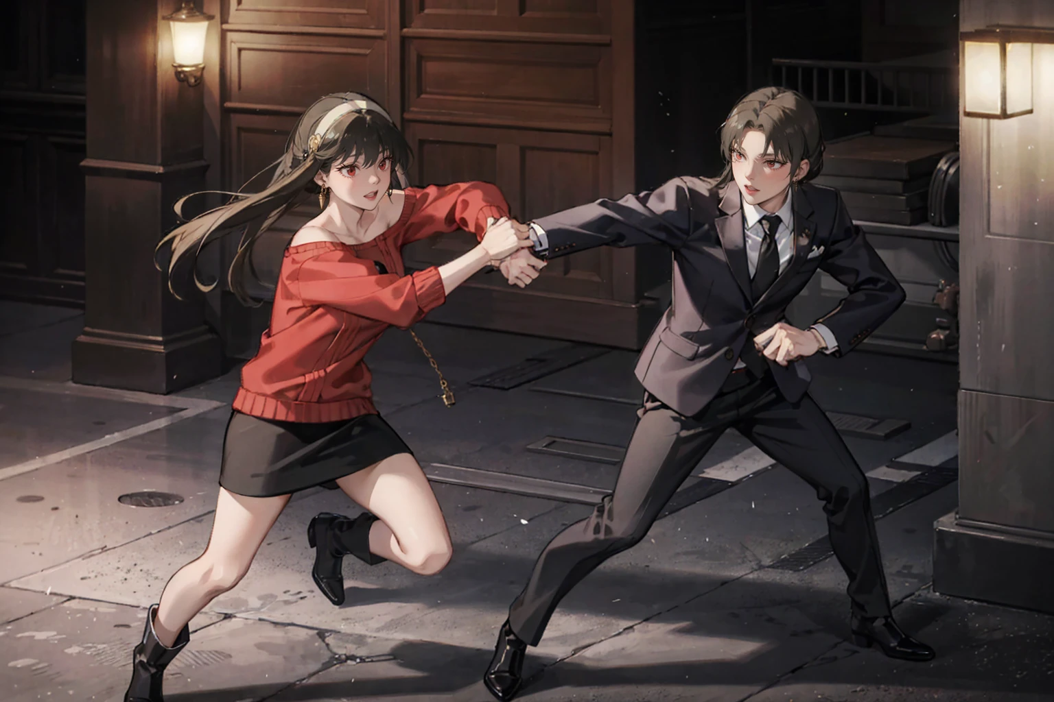 Action pose, Battle Scenes:1.5, (Yor Forger), Red eyes, Black Skirt -  SeaArt AI