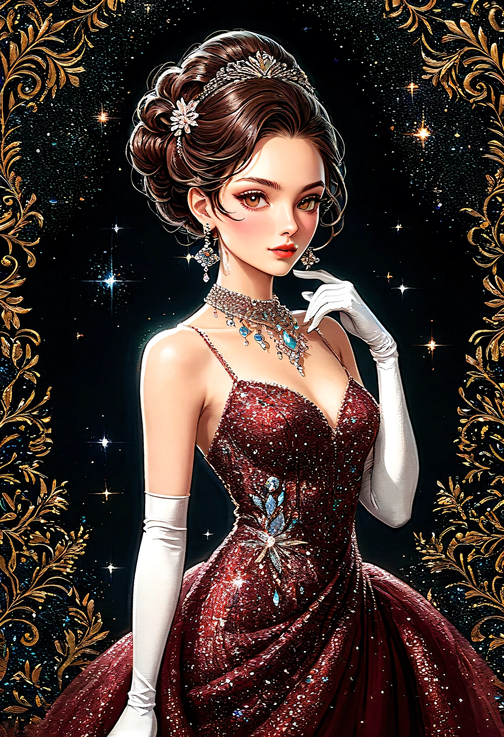 illustration of a woman with glitter dark red evening dress, (white long gloves), large necklace with diamonds, earrings, (Small brightly coloured bag with intricate beaded pattern), up-do hairstyle, 
At the entrance to the  venue, 
Vivid contrasts, Gentle touch rendering, Accurate detail, high detail, Precision, High quality oil painting, Stunning beautiful touch rendering, Fantasy, (full_body shot)