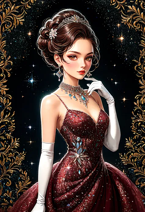 illustration of a woman with glitter dark red evening dress, (white long gloves), large necklace with diamonds, earrings, (Small...