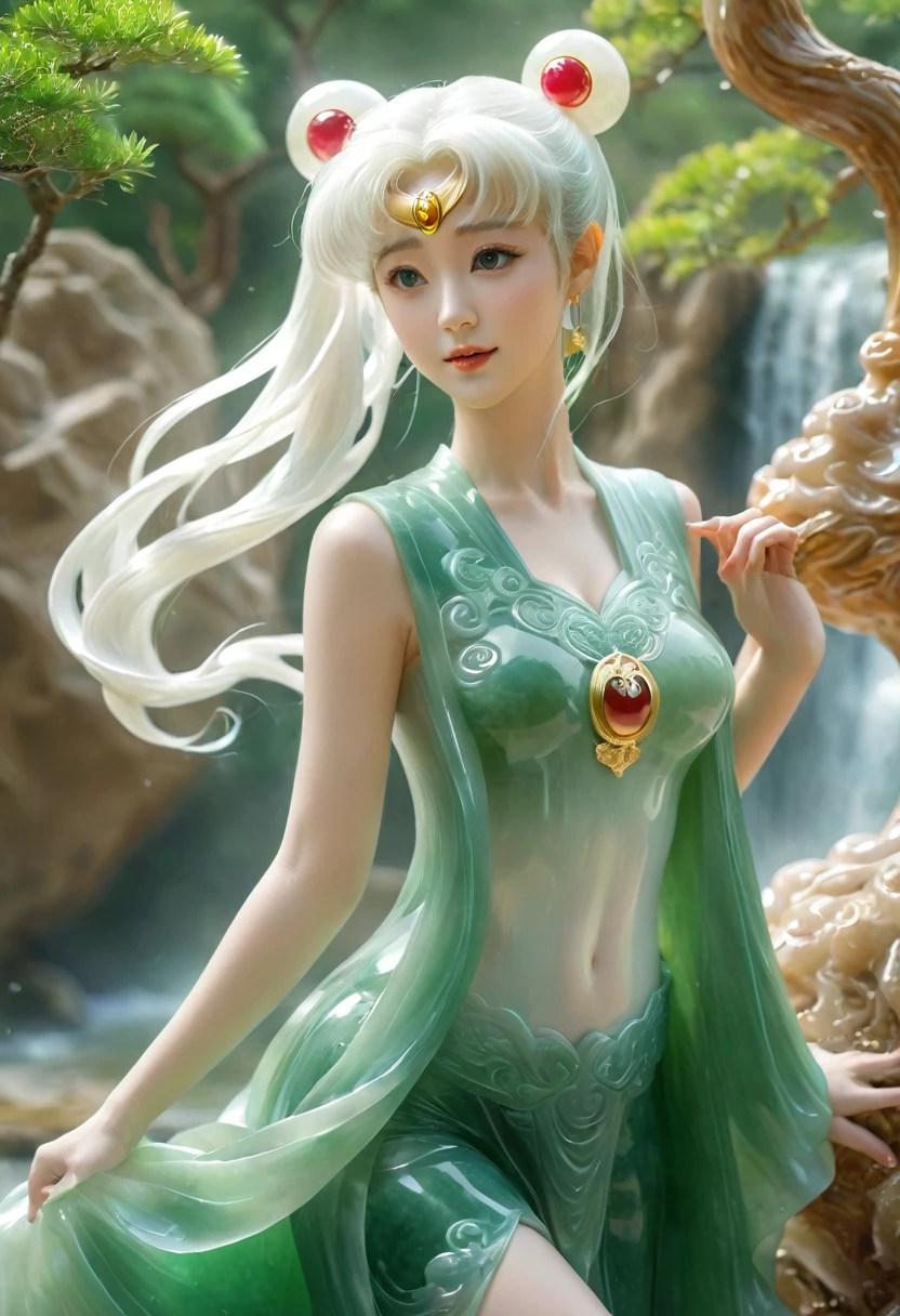  jade leggings, solo，jade hair，ruby，Anatomically correct, white jade skin ，jade cloth，blur, jade girl， smile，beautiful，sexy, thin gap，camel toe，Jade Landscape，Jade Pine Tree，Jade Carving Waterfall，bishoujo_senshi_sailor_moon, realistic，3d， jade fractal background，jade