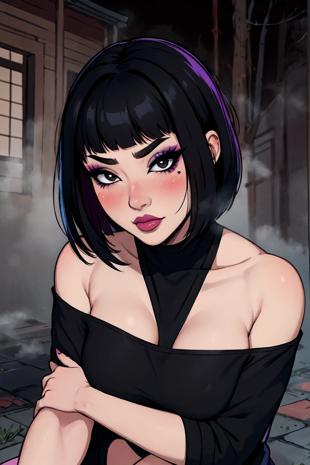 1girl, FengMin, solo, skinny, black eyes, asian eyes, eyeliner, looking at viewer, lips, black bob cut, blunt bangs, blush, standing, upper body, face focus, outdoors, horror \(theme\), night, fog egirlmakeup, sitting on the ground, chin resting in her shoulder