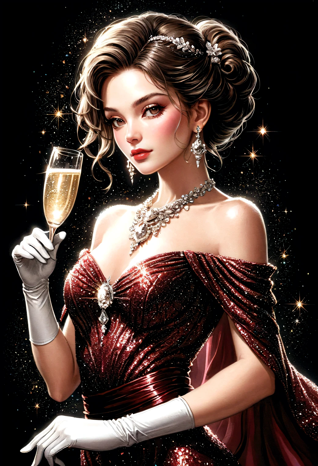 illustration of a woman with glitter dark red evening dress, (white long gloves), large necklace with diamonds, earrings, up-do hairstyle, 
(Have a glass of champagne), 
Vivid contrasts, Gentle touch rendering, Accurate detail, Precision, High quality oil painting, Stunning beautiful touch rendering, Fantasy, full_body shot