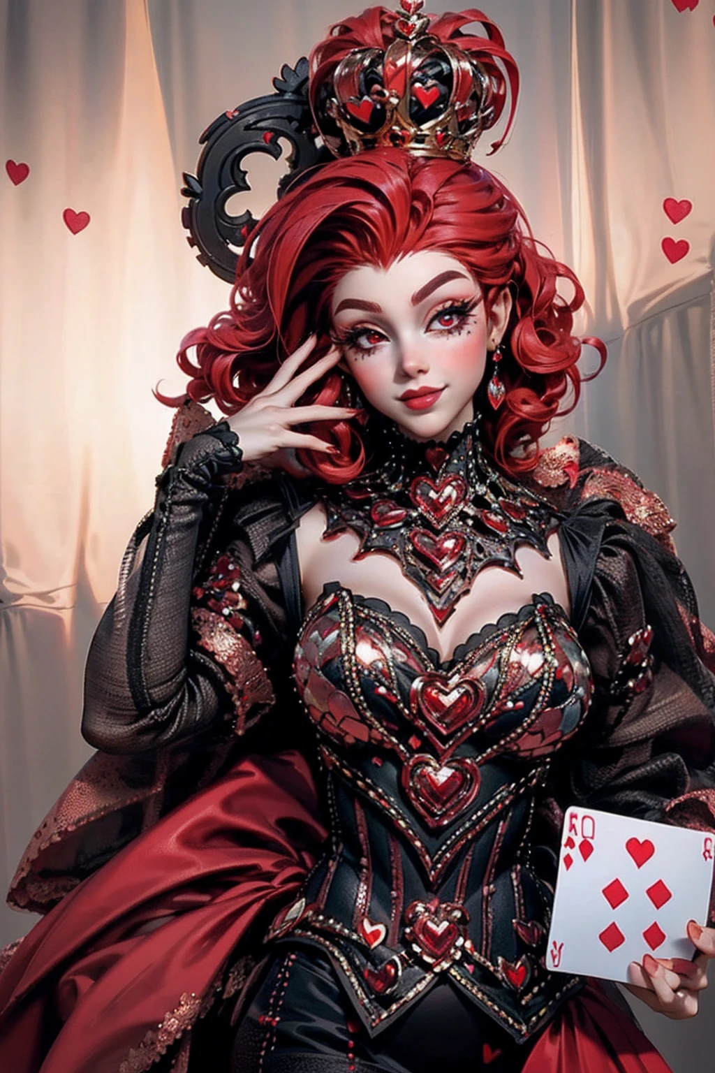 { - error de anatomía}(Obra maestra: ultradetallada, muy alta resolución) En un casino de lujo, Una mujer deslumbrante luce un vestido exquisito adornado con símbolos de corazones., encarnando la presencia real de la Reina de Corazones. Rodeado por un telón de fondo de cartas y fichas de póquer., Ella irradia confianza y seducción., invitar a los jugadores a probar su suerte y sus habilidades de juego. Pelo corto y rizado, pelo rojo (cabello rojo ) (reina de corazones), sonriente, amplia sonrisa, Parte superior del cuerpo