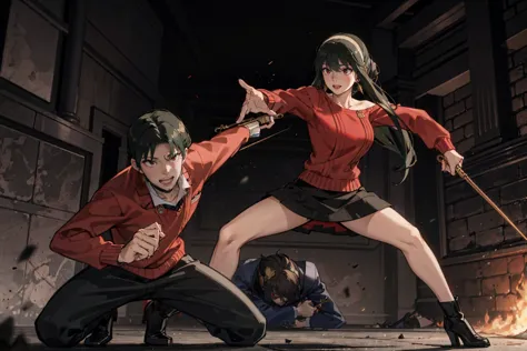 action pose, battle scenes:1.5, (yor forger), red eyes, black skirt, red off shoulder sweater, (big breasts), morning, ((fightin...