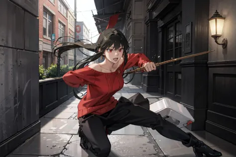 action pose, battle scenes:1.5, (yor forger), red eyes, black skirt, red off shoulder sweater, (big breasts), morning, ((fightin...