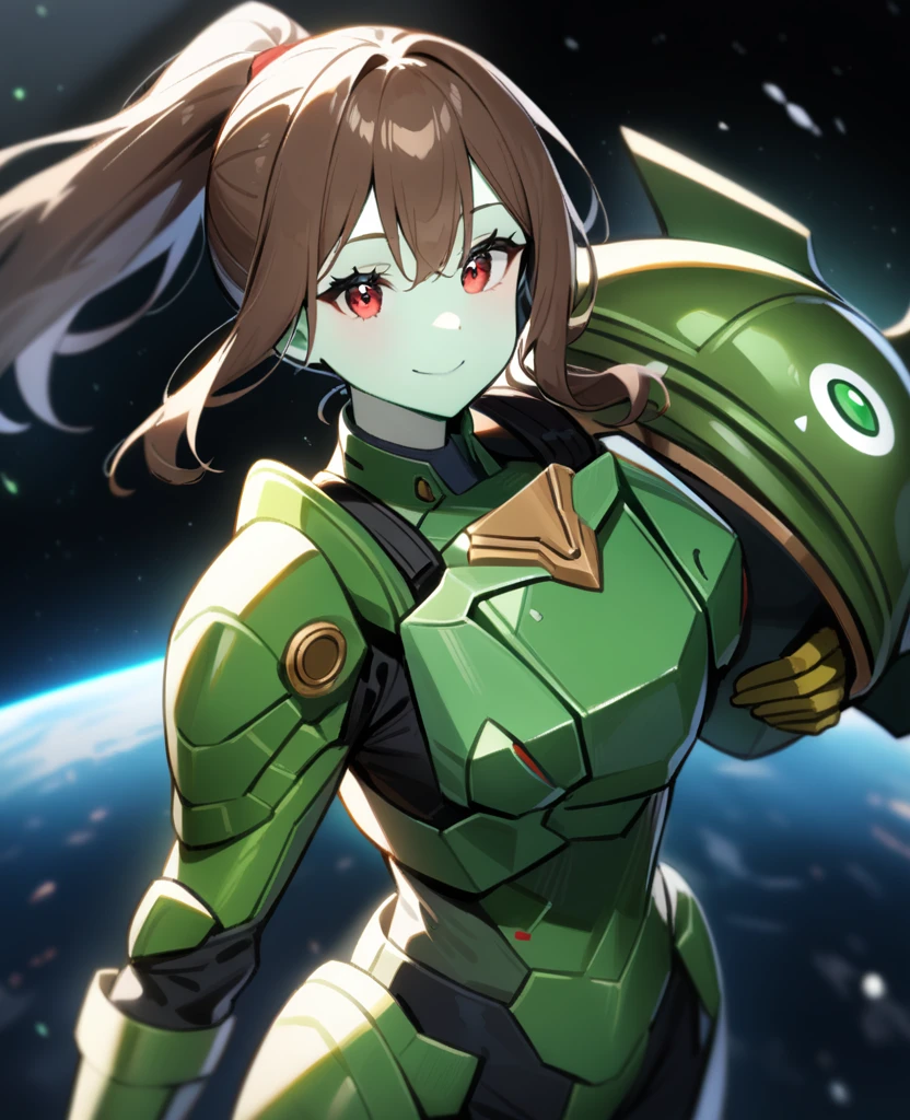 1girl, Makoto Kino,solo,red eyes,((BROWN hair:1.5)),green power armor,ponytail,((pale green skin)),green chest armor,cowboy shot,in space ship,zero gravity,Science fiction,ultra-detailed,sharp focus,aesthetic,(best quality) smiling, holding helmet, holding halberd 