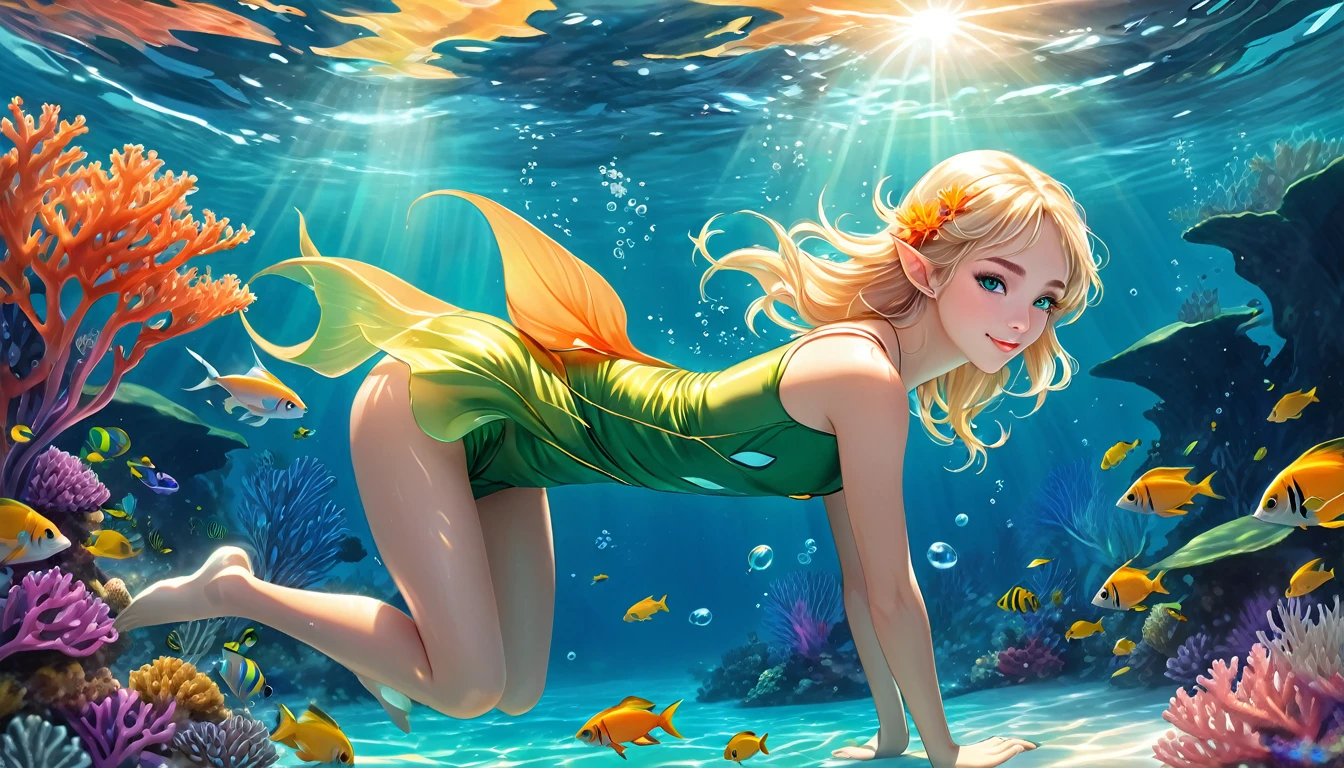 I will create a digital illustration of a beautiful female elf with clear delicate lines and a beautiful face swimming comfortably in crystal clear water. The female elf has blonde hair, beautiful emerald green eyes, a soft smile and is wearing an orange camisole.(Underwater:1.2), ocean, fast water flow, transparent, colorful coral reef, school of tropical fish, light, bubble, jumping pink dolphin, seaweed, (shallow sea:1.2), sunlight, fantasy, ocean floor, floating, best quality, masterpiece, clouds, colorful, blue sky, Create a digital illustration of landscape, scenery, underwater, with clear and delicate lines. Low-fi, the morning sun's light reaching into the water, the scene is cozy and warm with beautiful light. The lighting should be soft and golden like colorful flowers, and the art style should be detailed like fantasy art with accurate depiction of delicate and fine lines. The overall look should be clear and dreamy atmosphere. Focus on a magical and enchanting environment. No land part is required, only underwater. 