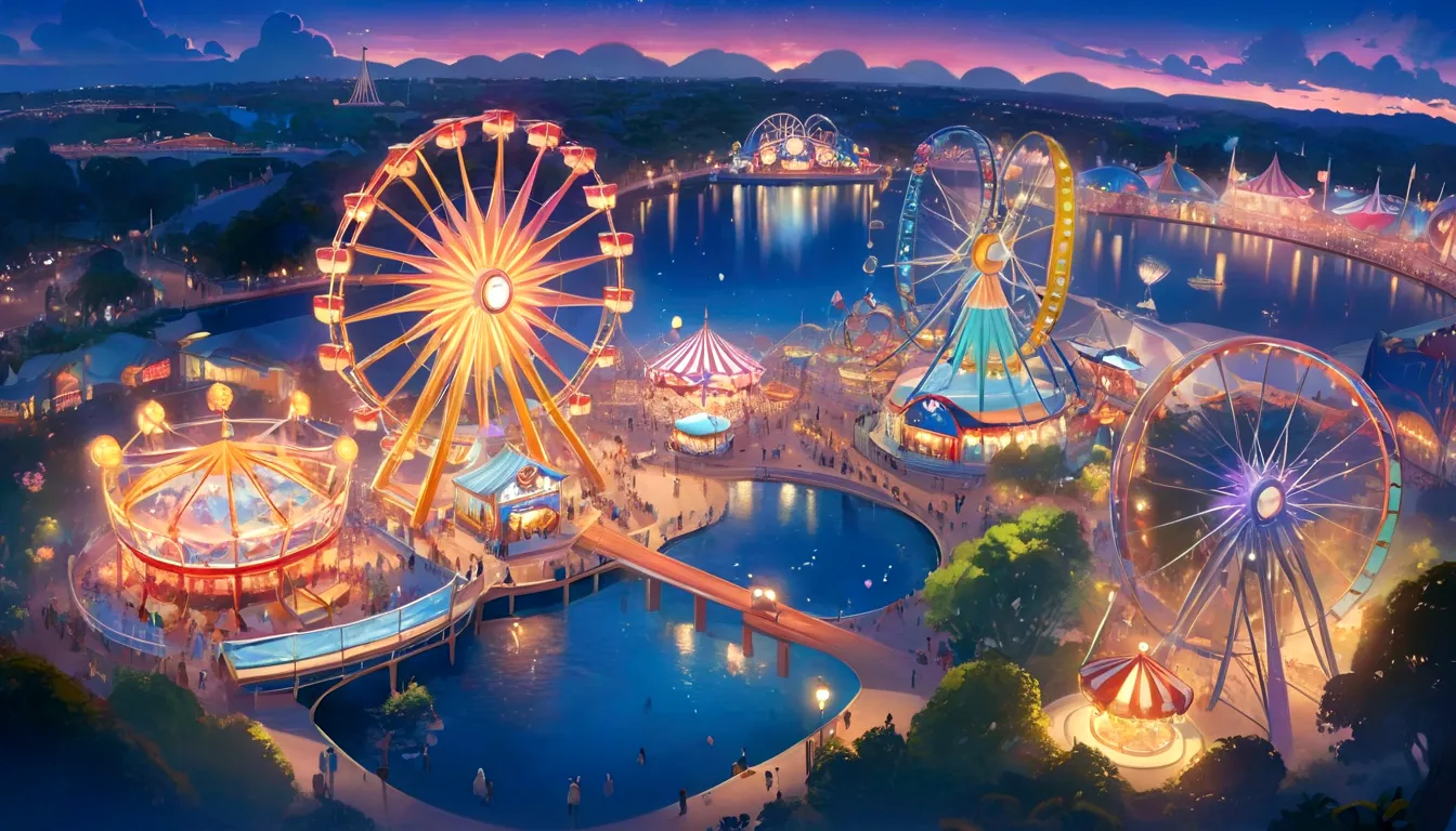 a rendering of a carnival park with a ferris wheel and rides, !dream concept art, concept art magical highlight, metaverse conce...