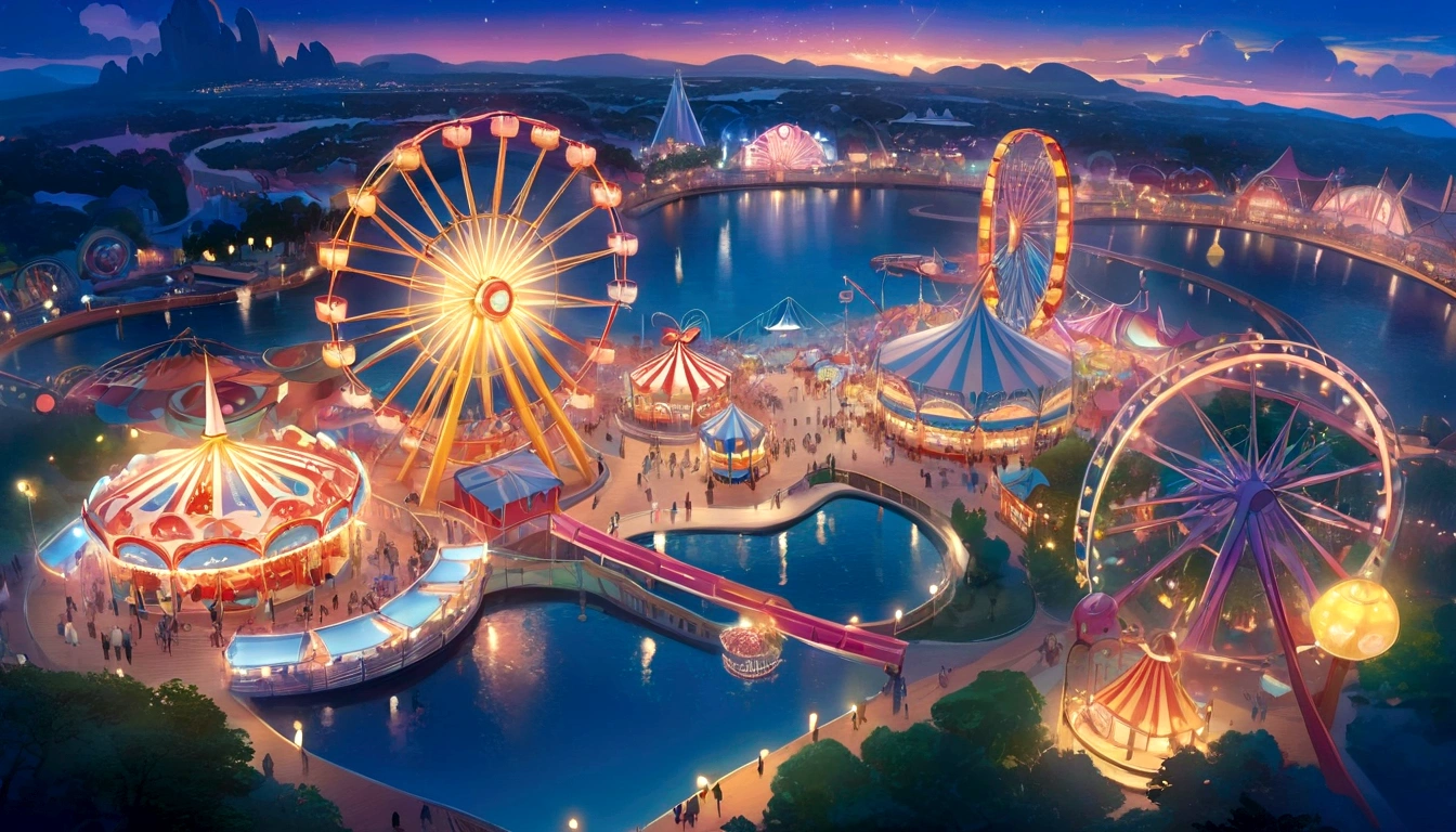 a rendering of a carnival park with a ferris wheel and rides, !dream concept art, concept art magical highlight, metaverse concept art, anime scenery concept art, disney concept art, beautiful concept art, concept art stunning atmosphere, concept art 2022, photo from 2022, pixar rendering, disney render, colorful concept art, background artwork