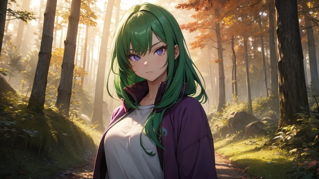 Mädchen mit grünen Haaren und violettem Sweatshirt in einem Herbstwald, perfekte Augen, filmische Beleuchtung, Kunstwerk, Ultra Definition, Halbkörper-Fokus, Pose auf einer Ecke des Bildes