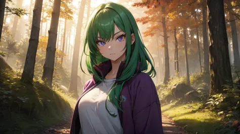 green-haired girl with violet sweatshirt in an autumn forest, perfect eyes, cinematic lighting, work of art, ultra definition, h...