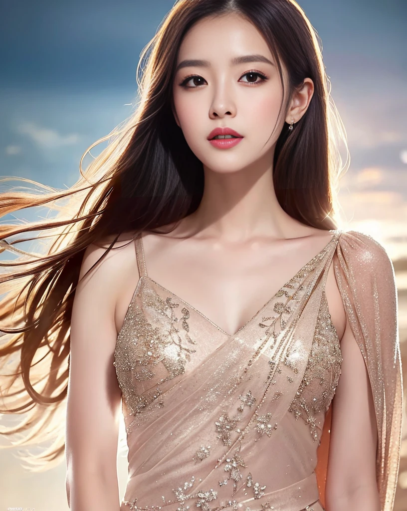 a beautiful woman in an elegant evening dress, detailed facial features, long eyelashes, glossy lips, detailed clothing folds, floating in a dreamy, ethereal, soft-lit environment, detailed background, cinematic lighting, intricate patterns, shimmering textures, warm color palette, photorealistic, 8k, best quality, masterpiece