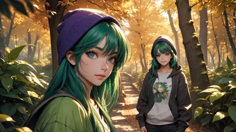green-haired girl with a violet sweatshirt in an autumn forest, perfect eyes, cinematic lighting, expression of joy, work of art...