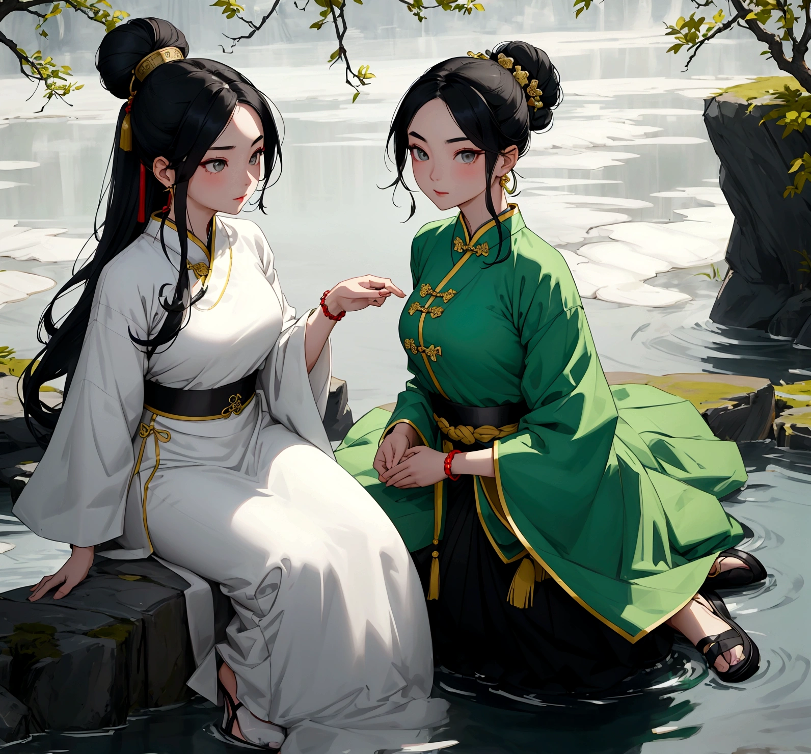 "In an ancient Chinese lakeside scene, there are three characters. The first, a woman named Amy, has an oval face, fair complexion, black eyes, and curved eyebrows. Her black hair is styled into a high bun adorned with a white crown, and she wears traditional Chinese clothing in white, complemented by white earrings, a white necklace, and a white bracelet. The second woman, named Eva, also has an oval face and fair complexion, but with green eyes and long, wavy black hair. She is dressed in green traditional Chinese clothing, accessorized with green earrings, a green necklace, and a green bracelet. The third character is a man named John, who has a round face, fair complexion, and dark eyes, with his hair styled into a bun. He wears gray traditional Chinese clothing with a blue cloth belt and black cloth shoes. The three are engaged in a joyful conversation by the lakeside."