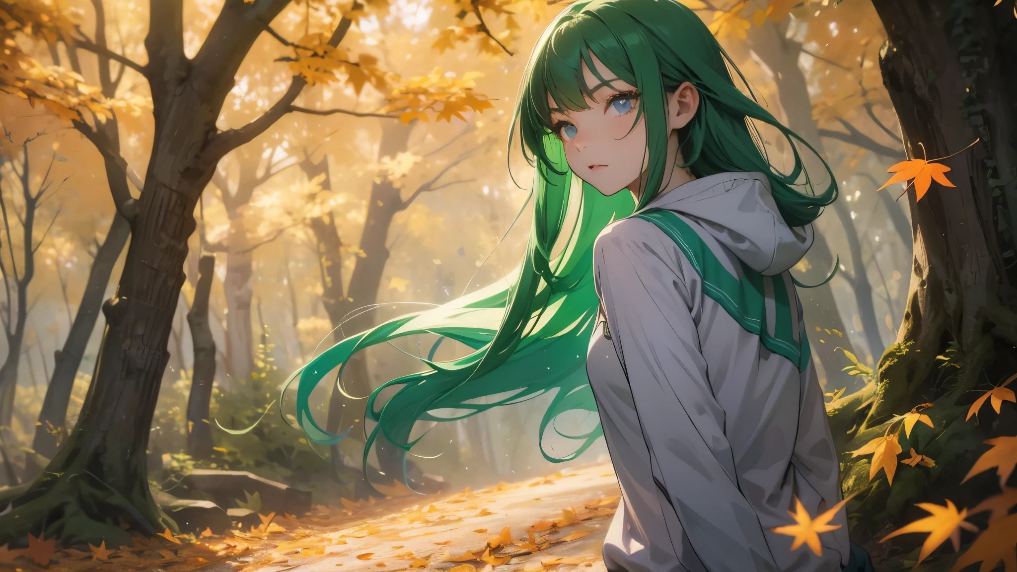 green-haired girl with a violet sweatshirt in an autumn forest, perfect eyes, cinematic lighting, expression of joy, work of art, ultra definition, falling autumn leaves, half-body focus, pose on a corner of the image