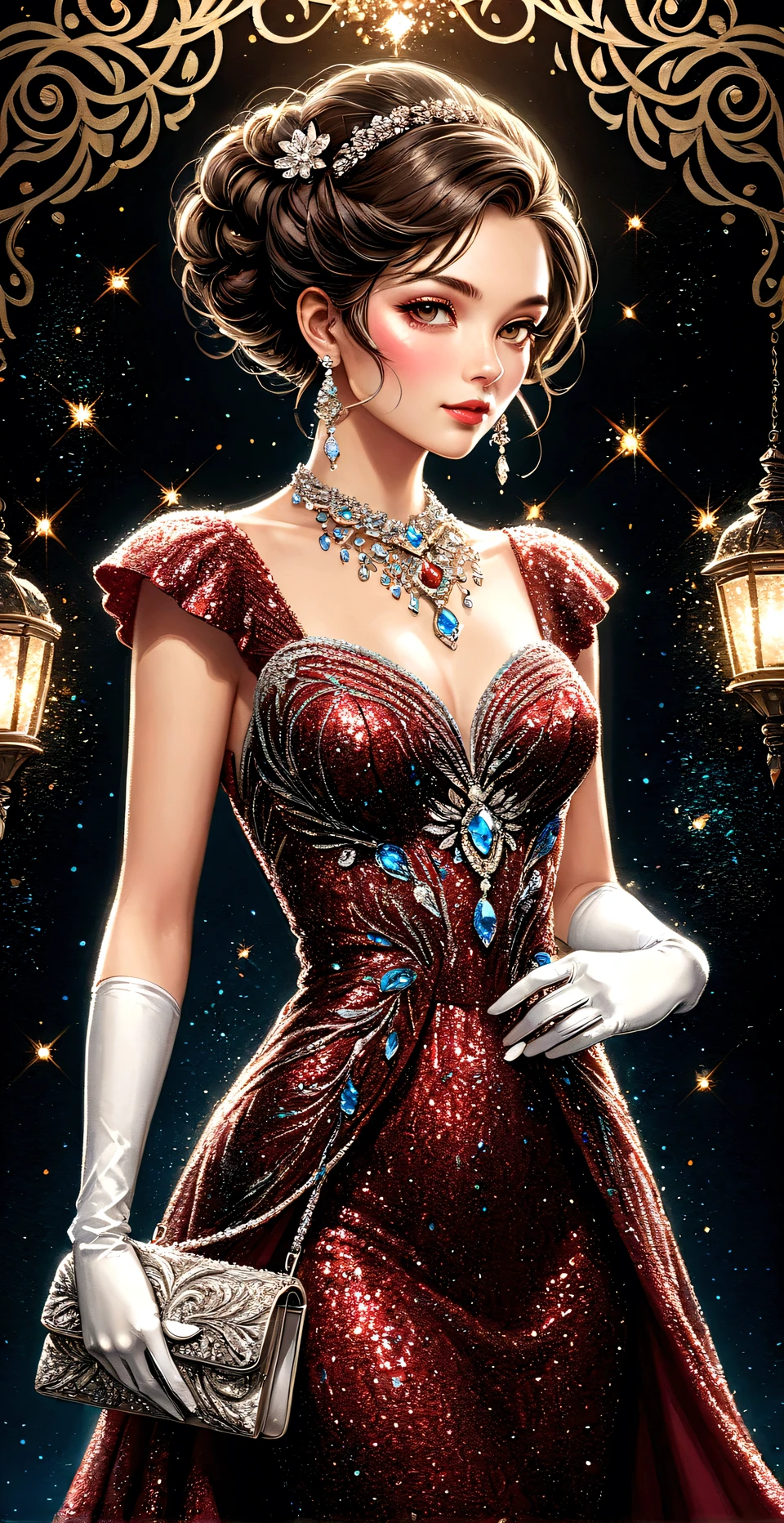 illustration of a woman with glitter dark red evening dress, (white long gloves), large necklace with diamonds, earrings, (Small brightly coloured bag with intricate beaded pattern), up-do hairstyle, 
At the entrance to the  venue, 
Vivid contrasts, Gentle touch rendering, Accurate detail, high detail, Precision, High quality oil painting, Stunning beautiful touch rendering, Fantasy, (full_body shot)