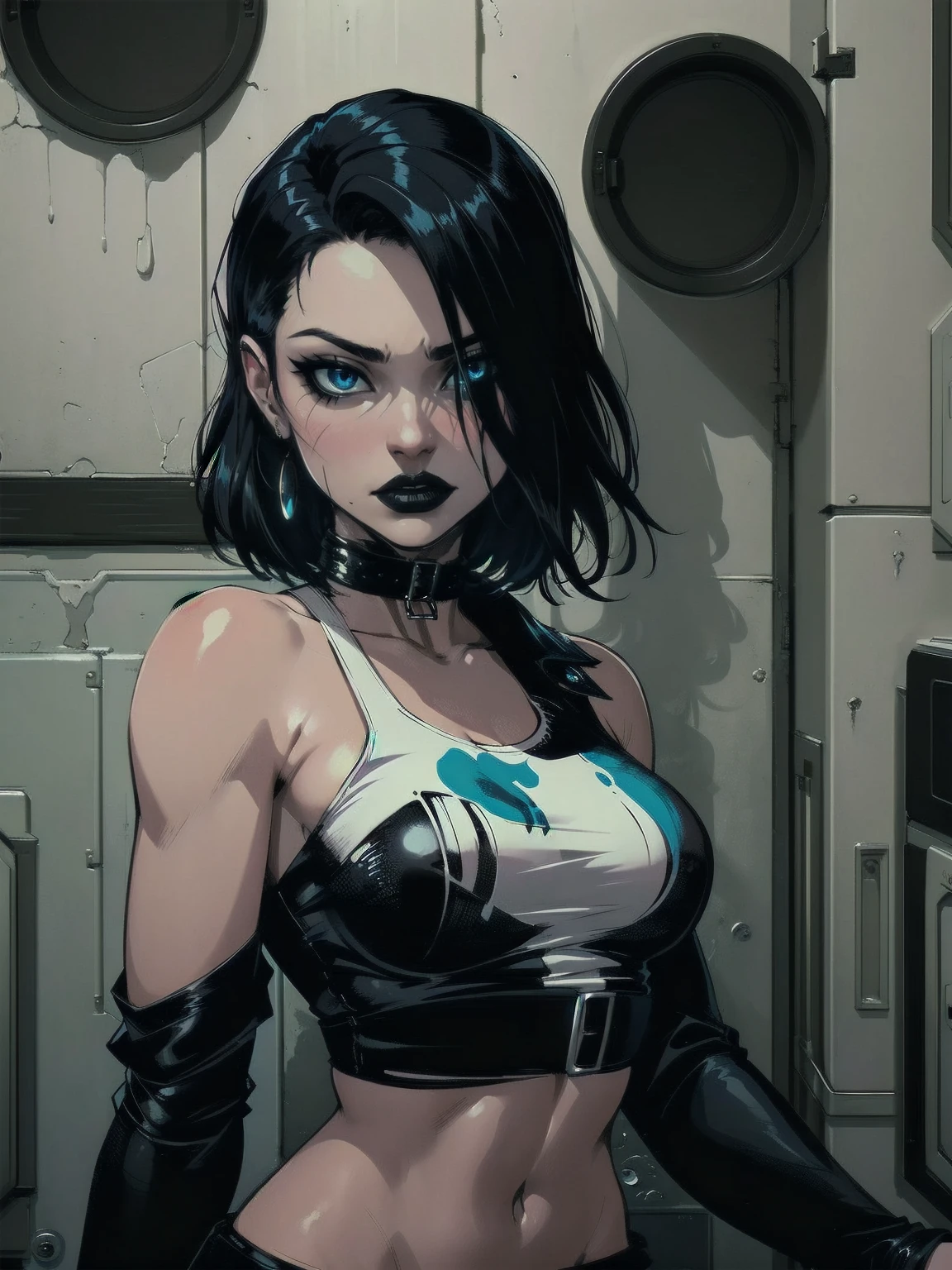 a woman with medium black hair, hair on shoulders,  wearing black pant, black jacket,  blue eyes, zombie art, gothic art, cute aesthetic with vibe, toon aesthetic, wearing gothic accessories, look like Cassie Hack, upper body, laundry background