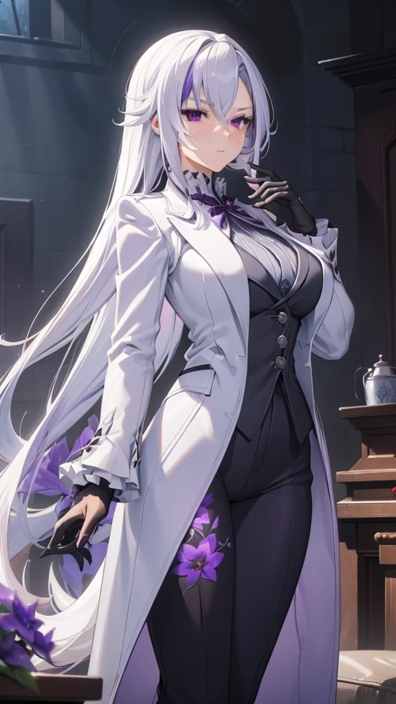 (best quality:1.3), (masterpiece:1.3), (illustration:1.3), (ultra-detailed:1.3), 1girl, solo, ((long hair, white hair, purple eye, purple flower pattern)), (((large breasts))), black pants, white suit, tailcoat, serious expression, tall, mature, elegant, black gloves, purple flowers, looking at viewer, night sky, glowing purple flowers, nice hands, perfect hands, serious expression, tsurime,