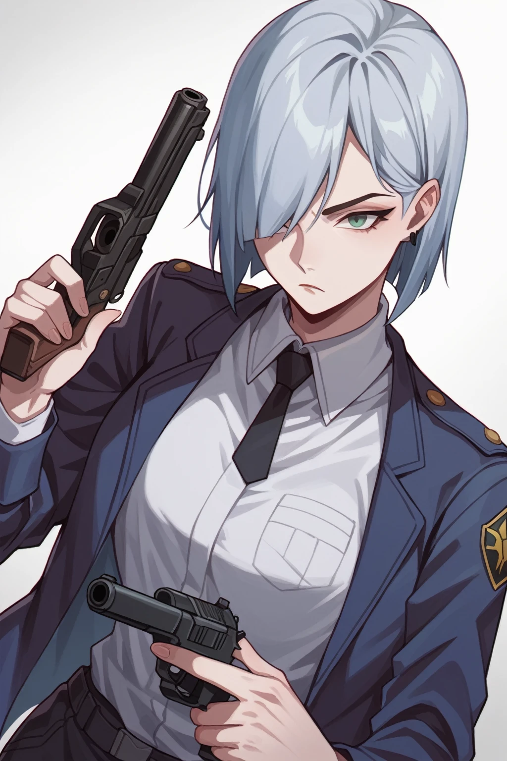 anime girl in uniform holding a gun and pointing it at the camera, officer, policewoman, Trigun Stampede style, short hair, straight hair, Viper | Valorant, Jane | Alchemy Stars, White Shirt, blue blazer, thicc, casual pose, 
a-1 pictures, high quality fanart, portrait n - 9, 