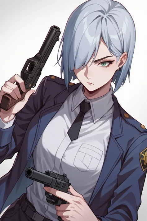 anime girl in uniform holding a gun and pointing it at the camera, officer, policewoman, trigun stampede style, short hair, stra...