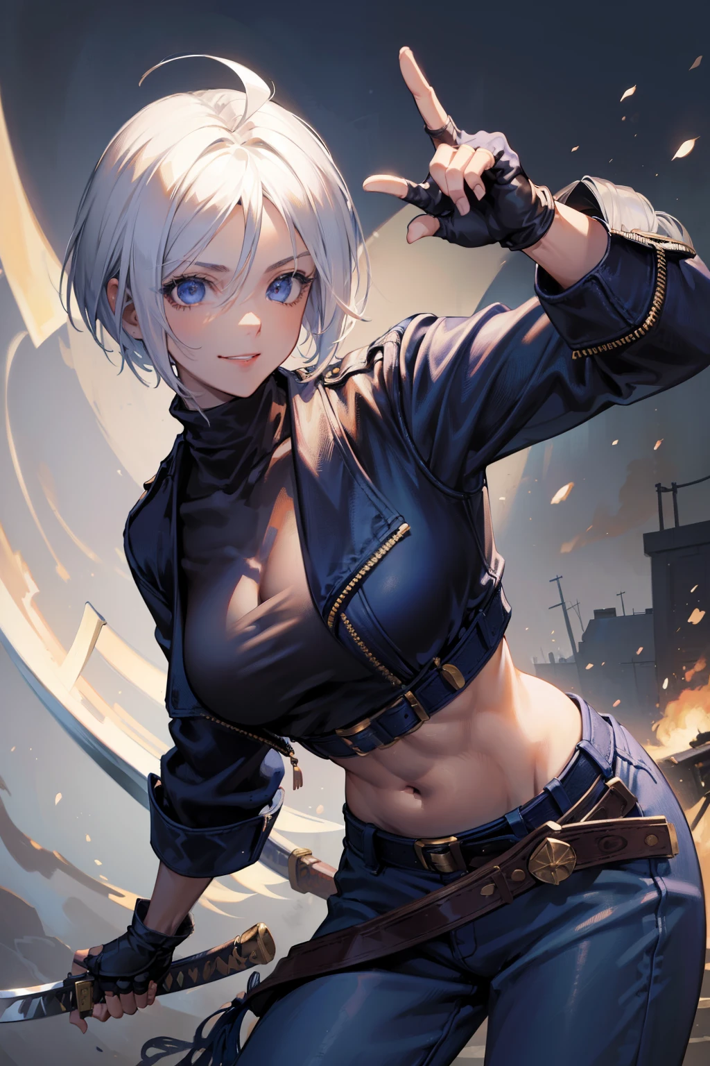 (masterpiece), best quality, expressive eyes, perfect face, highres, 1girl, solo, angelms, white hair, jacket, ahoge, fingerless gloves, midriff, hands to hips, leaning forward, smiling, fanstasy background, particles, magic, standing,cowboy shot, looking at the viewer, from front, holding a katana
