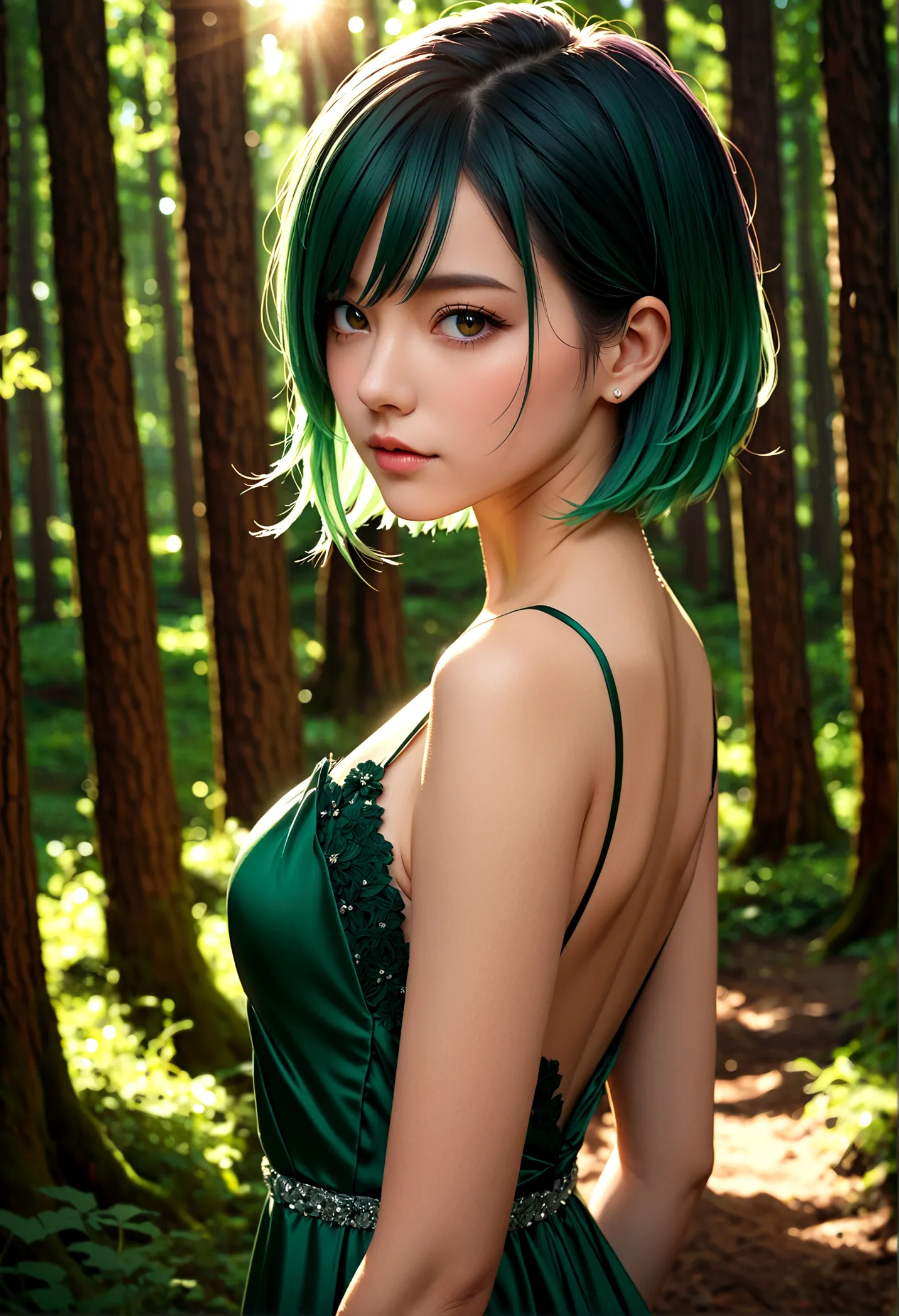 ratte867, 1 Girl, Solitary, (forest green hair:1.2), Asymmetrical hairstyle, Purple evening gown masterpiece, best quality, phot...