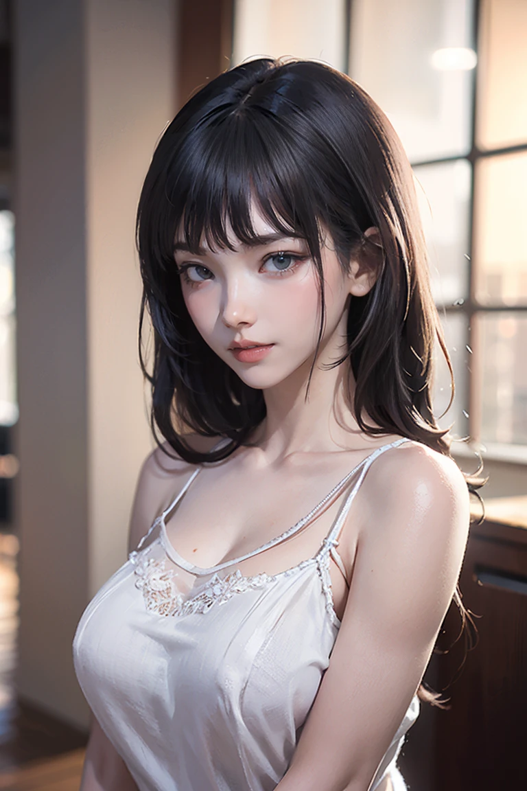 (U高resolution, retina, masterpiece, Accurate, anatomicaly_correct, texture_skin, wonderful_detailed, expensive_detaileds, expensive_quality, Highest_quality, expensive_resolution, 1080p, 高resolution, 4K, 8k, 16K), (beautiful_detaileded_eyes, beautiful_detaileded_lips, very_detaileded_eyes_and_face), soft_Lighting, Physically based_rendering, Vivid_color, (big_chest, glamorous_body:1.5), (Shiny_hair, Shiny_skin, Sunburned_skin, blush), (前hair:1.5), eye_reflection, (Bokeh, Simple_background), (See-through camisole, knit, 笑face_and_smile:1.5), profile,