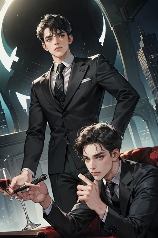 ((One young man with a black suit and tie)), gotham, alejandro, (((side swept black short hair))), (dark green eyes and thick eyebrows), smirk, ((20 years old)), ((masterpiece)), posture dynamic, cinematic lighting, hold a glass of wine