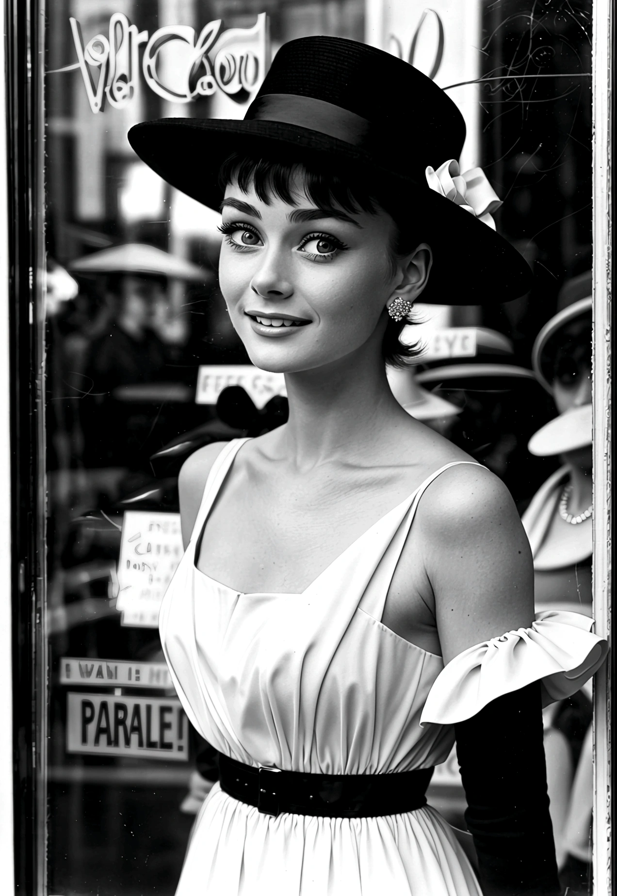 Photograph of a 20-year-old woman who lookS like Audrey Hepburn looking at hatS in a hat Shop window, pelo corto y oScuro, ojoS grandeS y expreSivoS y una SonriSa elegante y Sobria, in New York City im Jahr 1950. OjoS perfectoS, perfekte Nase, perfekter Mund, Schwarz-Weiß-Fotografie aus den 50er&#39;S, 8k, realiStic photography --Seed 1751055599