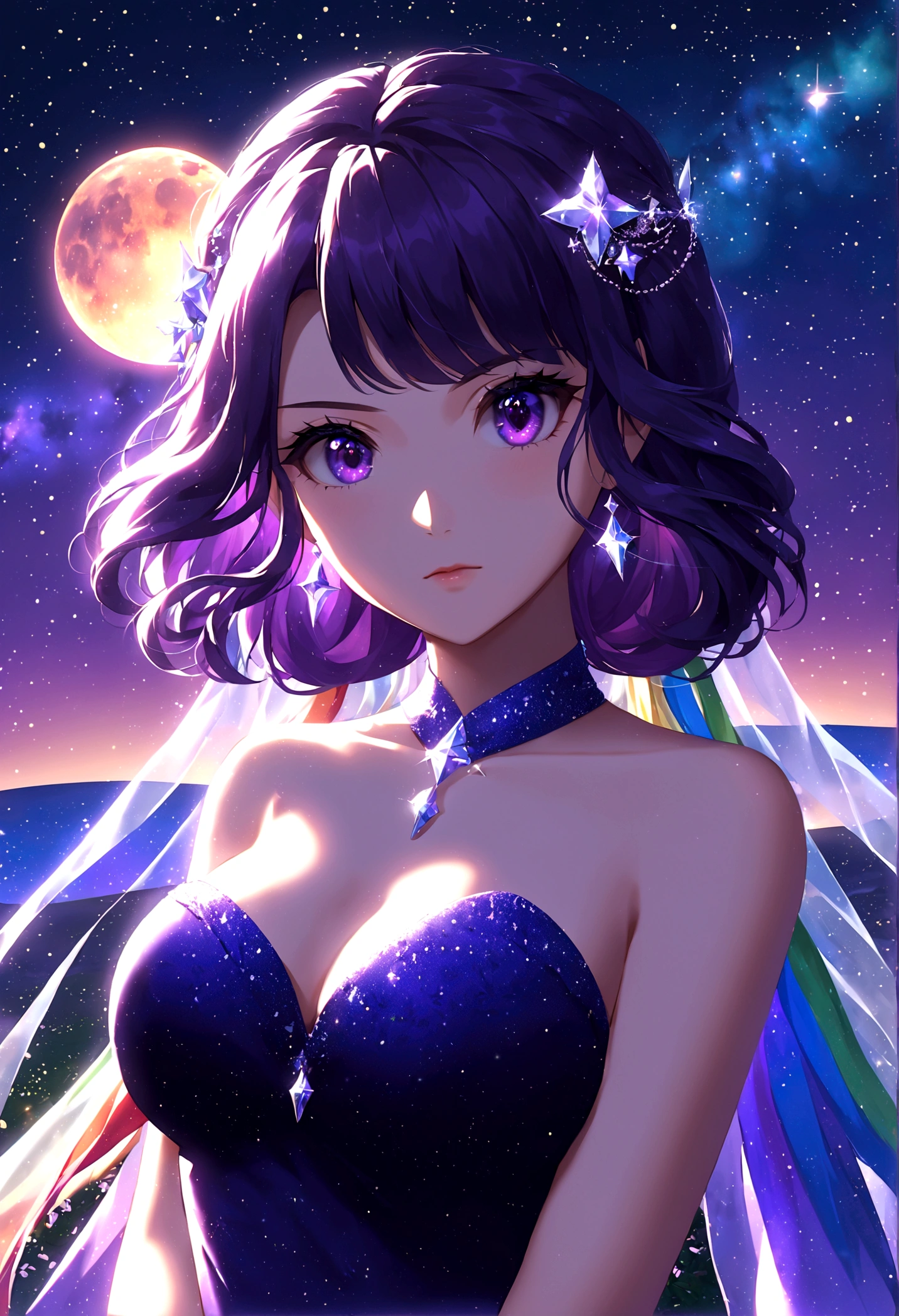 masterpiece, Cute girl, Break, Purple evening dress, High detail face, Upper Body, glare, Rainbow Colors, Global Illumination, Soft Light, Light of Dreams, number, 8K Close-up, fantasy, Night Sky, Star, nebula, White crystal, moonlight, peaceful, summer, (8K:1.1)