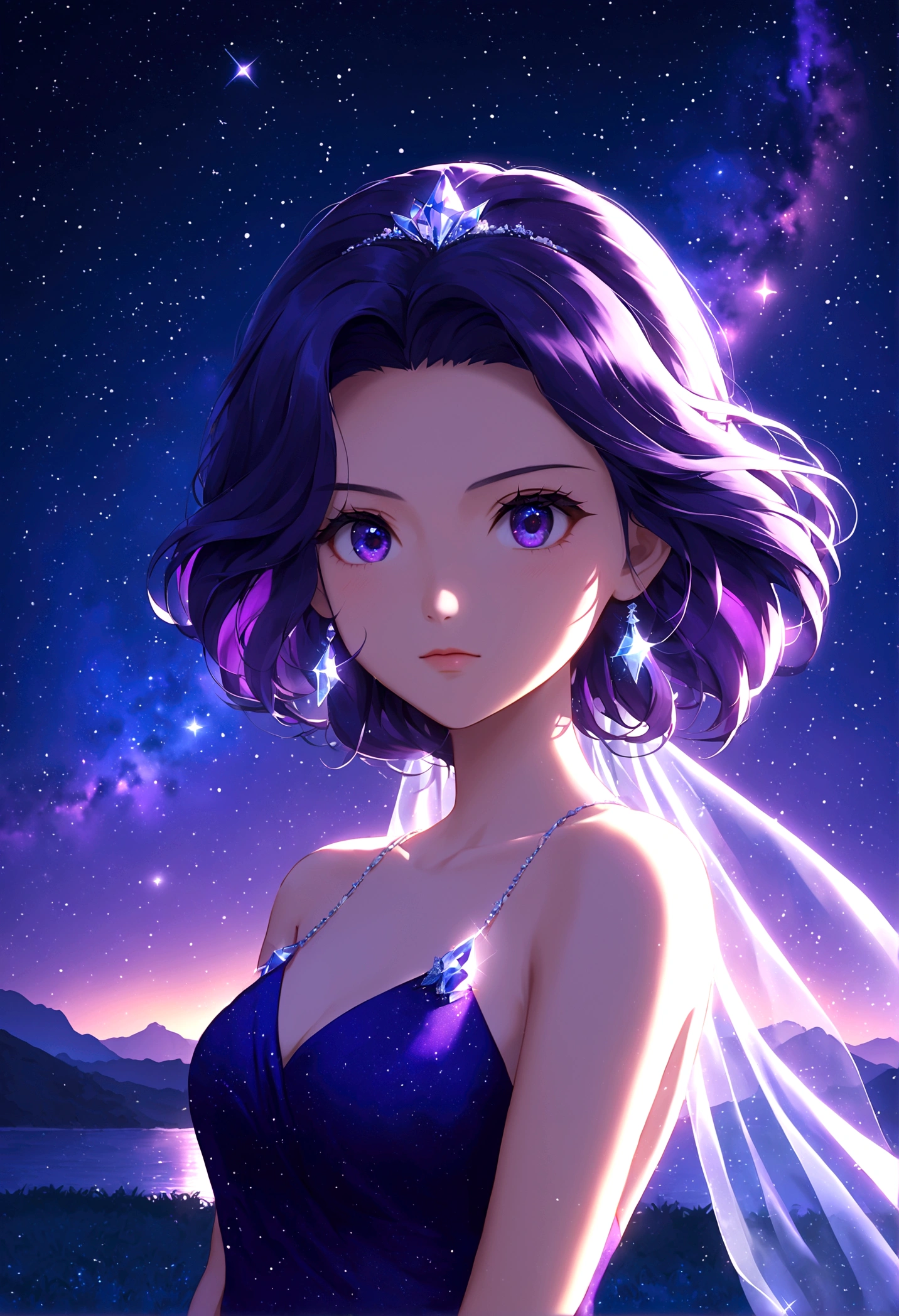 masterpiece, Cute girl, Break, Purple evening dress, High detail face, Upper Body, glare, Rainbow Colors, Global Illumination, Soft Light, Light of Dreams, number, 8K Close-up, fantasy, Night Sky, Star, nebula, White crystal, moonlight, peaceful, summer, (8K:1.1)