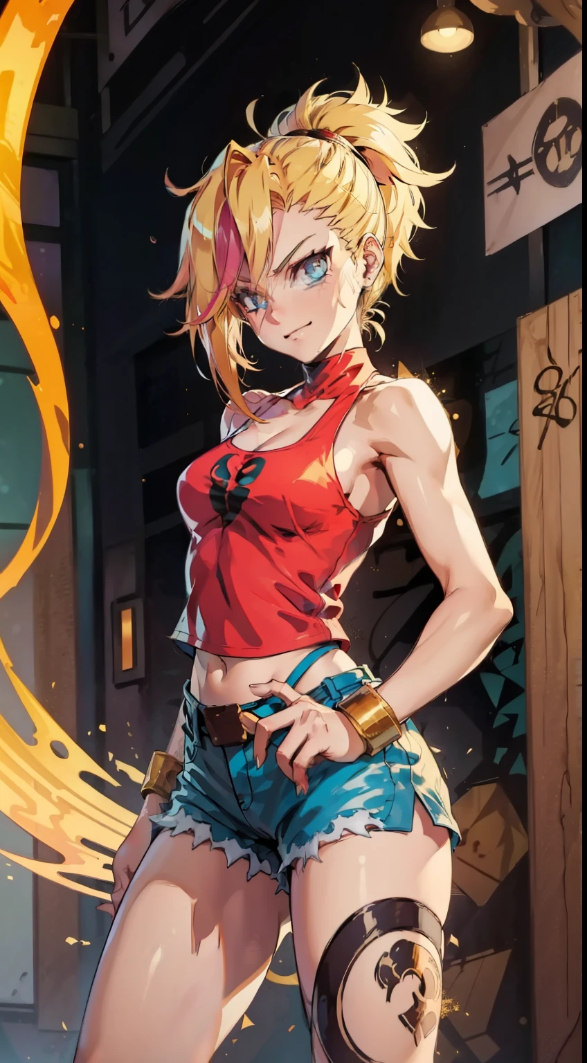 young girl, longue blonde hair, Hairpin with a bundle, turquoise eyes, Yakuza tattoos, red tight uniform, Sleeveless, Wide neckline on the chest to the abdomen, Gold Elements, Red gold armor, Shorts, claws, smirk, Masterpiece, hiquality, 4k, HD, Good detail