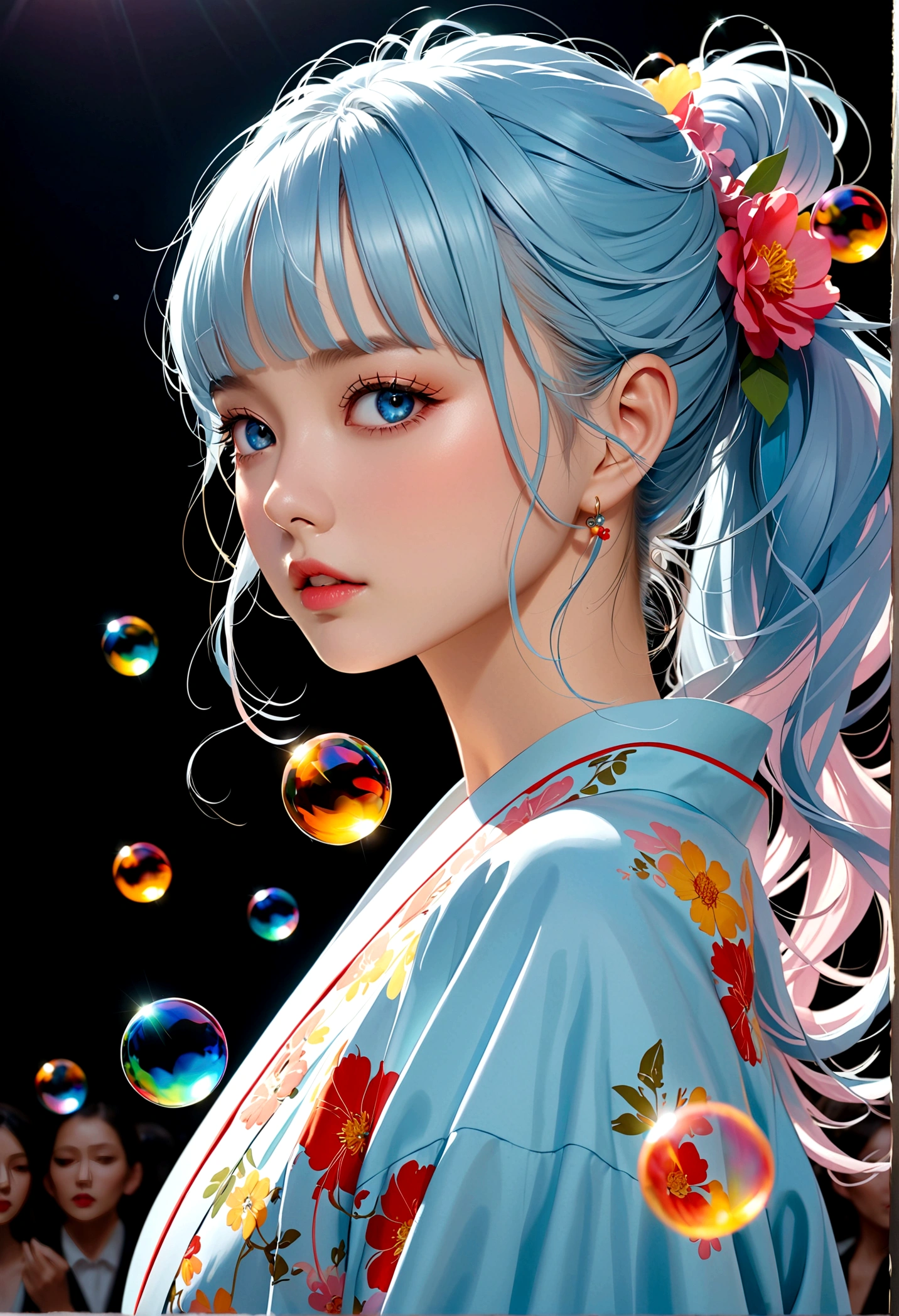 (masterpiece), (best quality), (Extremely detailed),(Messy hair),(illustration), (1 Girl), (Fashion), permanent, fashion model, Looking at the audience, (interview), (Simple background),Beautiful and delicate eyes, Delicate and beautiful face, floating,(High Saturation),(Colorful splash),Colored bubbles,(shining), Focus on the face,  Ponytail, Kamisato Ayaka, Light blue hair, Bangs, Hair ring, Floating flowers, Floating hair, (shining), Optimal lighting, The best shadow,