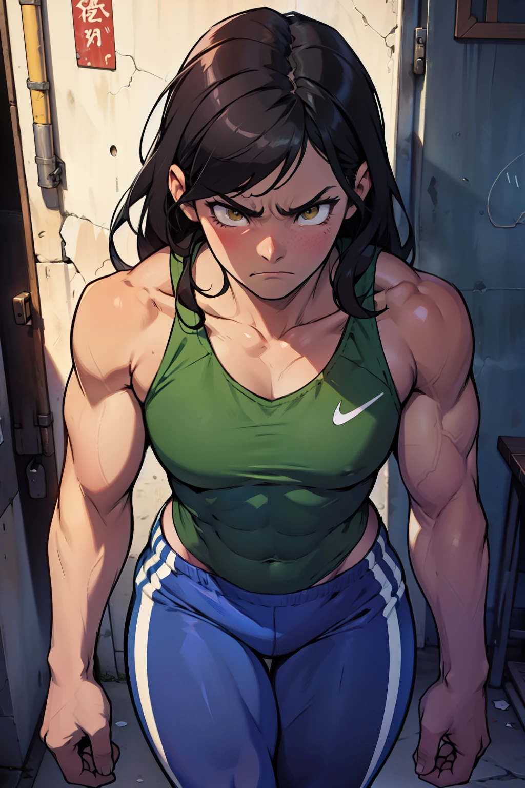 muscular girl small breasts thick thick thick thick thick black hair yellow eyes pale skin disappointed sad frown athletic female