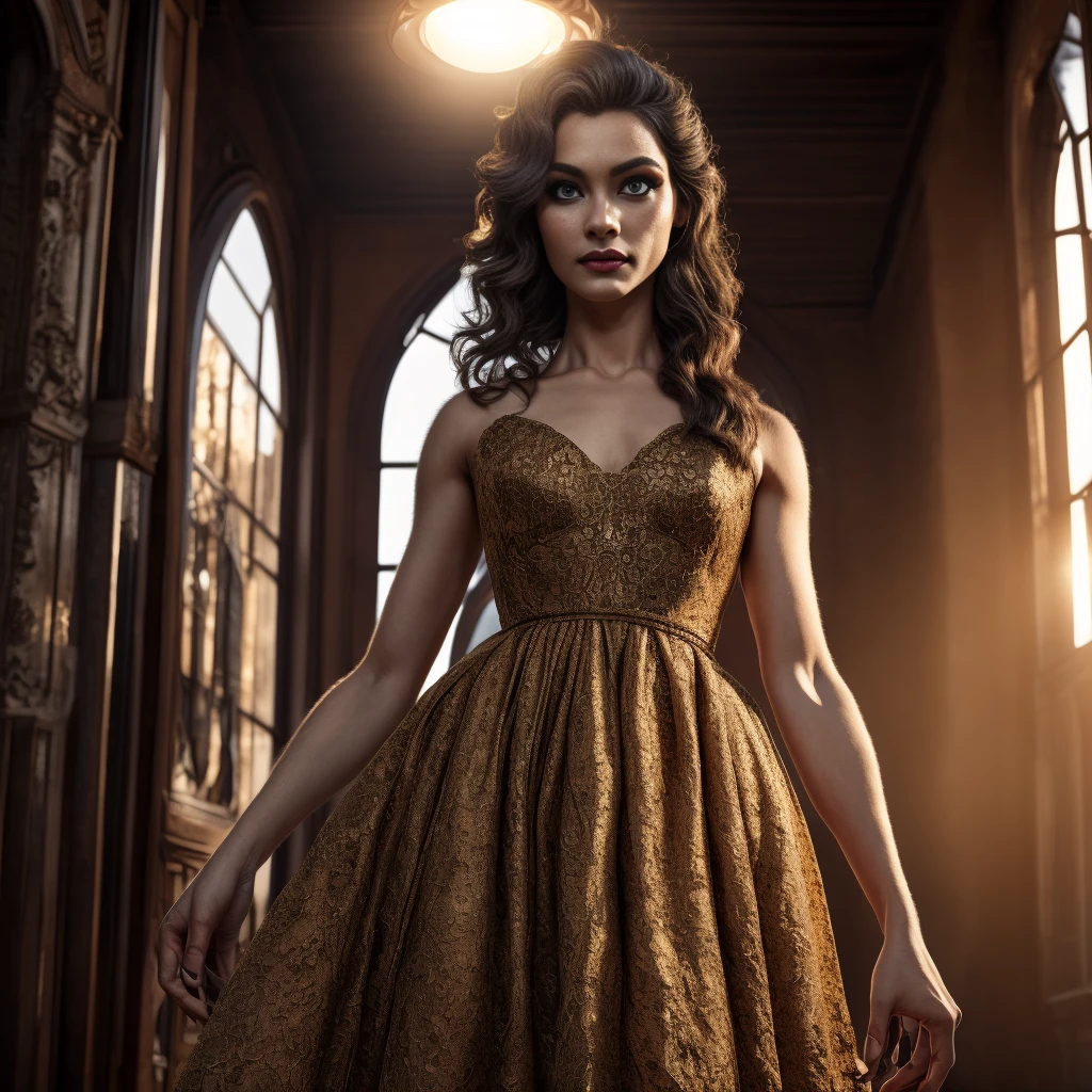 a beautiful young woman wearing an elegant evening dress, detailed facial features, long eyelashes, detailed eyes and lips, high fashion, dramatic lighting, cinematic atmosphere, detailed fabric textures, flowing dress, full body shot, indoor studio setting, warm color tones, beautiful detailed hands, dynamic pose, (best quality,4k,8k,highres,masterpiece:1.2),ultra-detailed,(realistic,photorealistic,photo-realistic:1.37),high fashion photography