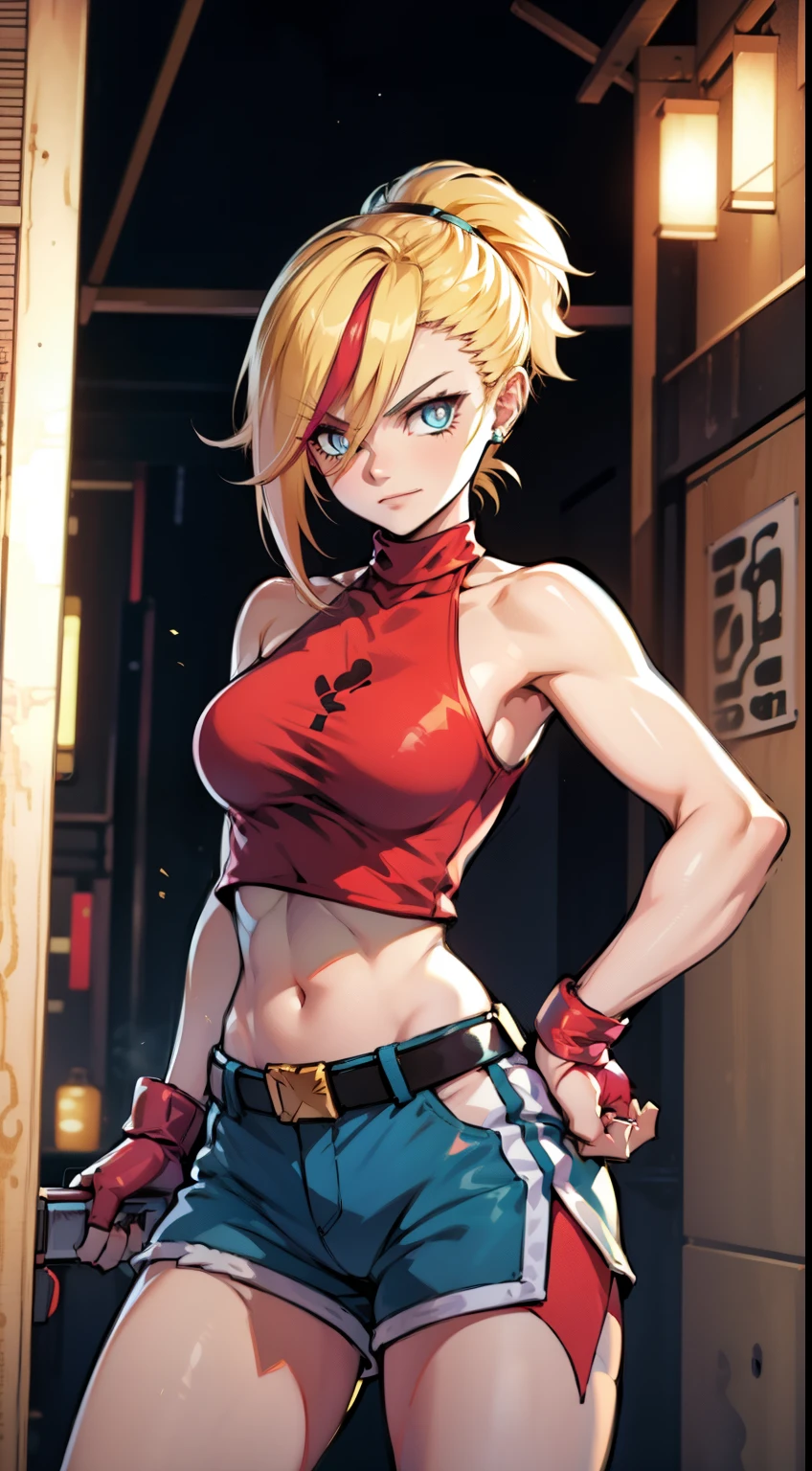 young girl, longue blonde hair, Hairpin with a bundle, turquoise eyes, Yakuza tattoos, red tight uniform, Sleeveless, Wide neckline on the chest to the abdomen, Gold Elements, Red gold armor, Shorts, claws, smirk, Masterpiece, hiquality, 4k, HD, Good detail