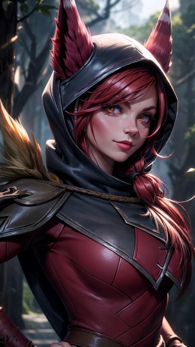 ((best quality)), ((Meisterwerk)), ((Xayah)), (League of legends), ((stehend)), erotischer Pose, (orange eyes), ((Xayah Hoodie)), ((upper body)), Unreal Engine, realistisch, pretty, sexy, young girl, ((red Hair)), Halsband, medium breasts, professionelles Make-up, Cool, sonniger Tag, Tyndall-Effekt, Guter Ray, forrest in the background, draussen, hell, subtle smile,