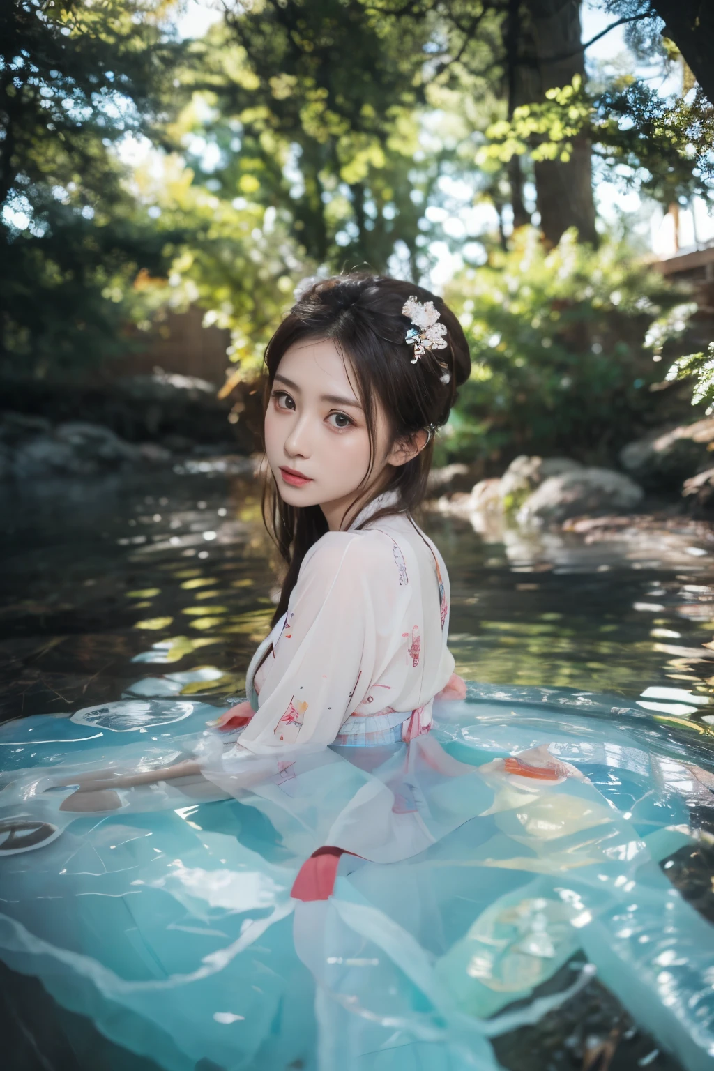 1girl,blue sky and white clouds,water,